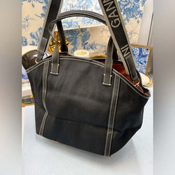 🆕 GANNI 🧿 NWT Small Banner Tote, Black Canvas & Black Leather - Picture 6 of 13